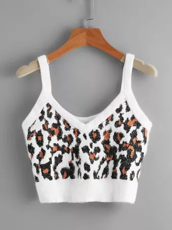 white Leopard Pattern Fuzzy Knit Cami Top | SHEIN USA