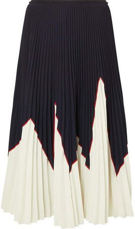 Two-tone Pleated Stretch-piqué Midi Skirt - Navy