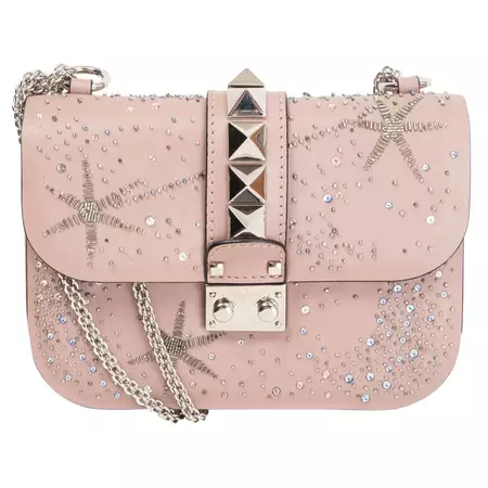 VALENTINO pink leather CRYSTAL EMBELLISHED GLAM LOCK SMALL FLAP Bag Powder For Sale at 1stDibs