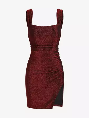 ZAFUL Women's Sexy Party Club Sparkly Glitter Metallic Backless Square Neck Ruched Bow Tie Slit Mini Bodycon Dress In RED | ZAFUL 2023