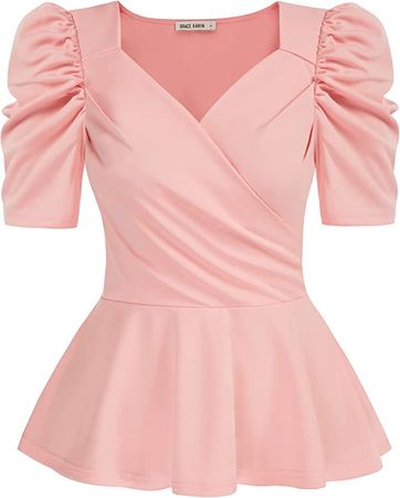 GRACE KARIN Women Puff Sleeve Peplum Top Elegant Wrap Blouse V Neck Slim Fit Shirt at Amazon Women’s Clothing store