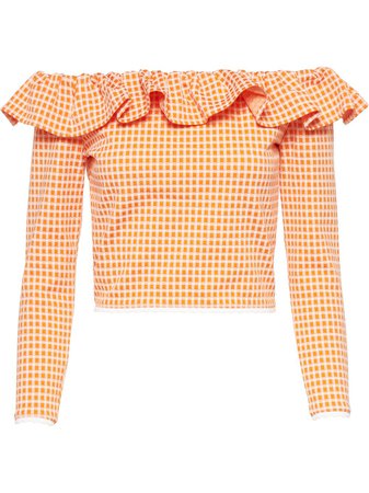 Miu Miu gingham ruffle off-shoulder top orange & white