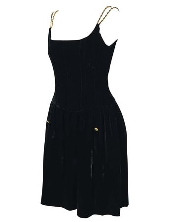 F/W 1993 Chanel by Karl Lagerfeld Velvet Boned Corset Gold Chain CC Button Dress For Sale at 1stDibs