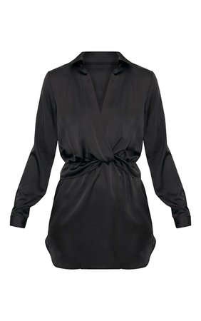 Katalea Black Twist Front Silky Shirt Dress | PrettyLittleThing USA