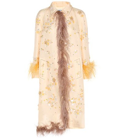 Embellished silk coat with feather trim