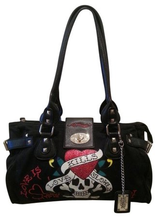 *clipped by @luci-her* Ed Hardy Love Kills Slowly Skull and Heart Black Leather & Canvas Shoulder Bag - Tradesy