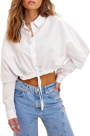 Cicy Bell Women's Cropped Button Down Shirts Casual Long Sleeve Crop Tops Drawstring Hem Blouse at Amazon Women’s Clothing store