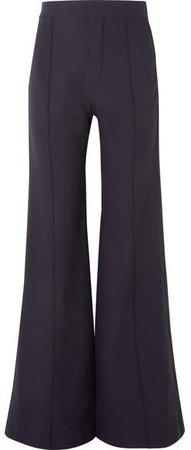 Satin-trimmed Stretch-wool Wide-leg Pants - Navy