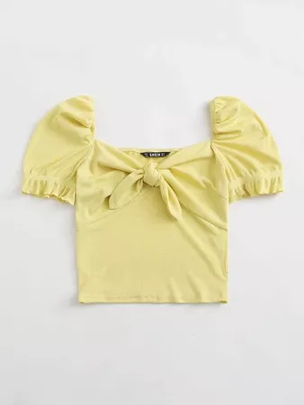 Puff Sleeve Tie Front Rib-knit Crop Top | SHEIN USA yellow