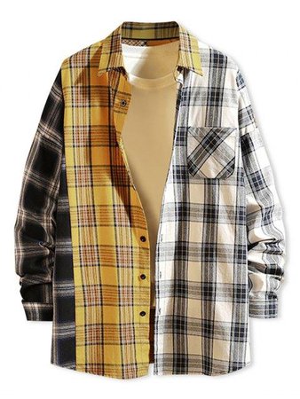[42% OFF] 2020 Contrast Plaid Print Button Up Pocket Shirt In YELLOW | ZAFUL ..