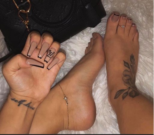 black and nude Louis Vuitton mani pedi, rings, toe rings, tattoo, nails