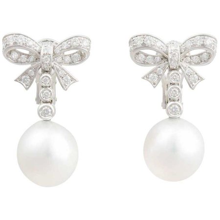 Ella Gafter White South Sea Pearl Diamond Bow Dangle Drop Clip-on Earrings For Sale at 1stdibs
