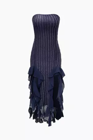 Frayed Detail Ruffle Strapless Maxi Dress – Micas