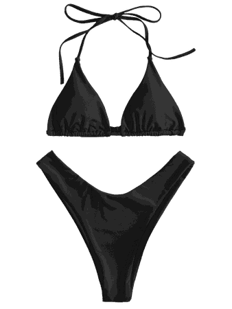 High Leg Halter Bikini Set BLACK: Bikinis M | ZAFUL