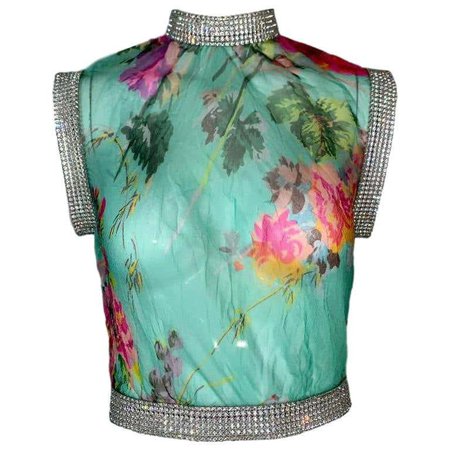 S/S 2000 Dolce and Gabbana Sheer Floral Silk Crop Top w Crystals For Sale at 1stdibs