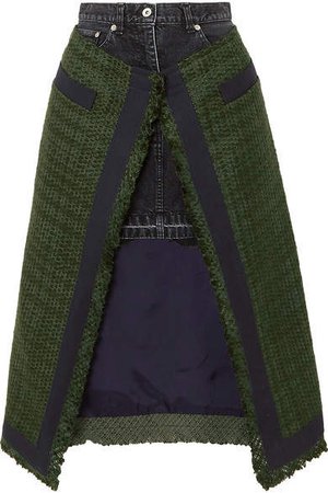 Paneled Asymmetric Canvas-trimmed Tweed And Denim Skirt - Army green
