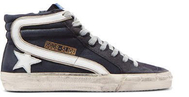 Slide Distressed Denim, Suede And Leather High-top Sneakers - Black