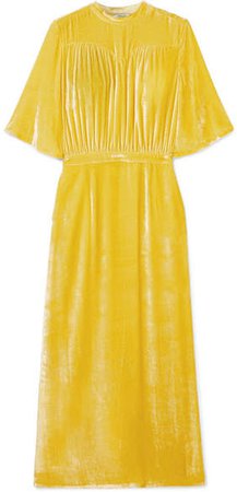 Gathered Velvet Midi Dress - Yellow
