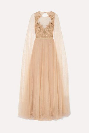 Cape-effect Embellished Glittered Tulle Gown - Blush