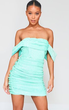 Turquoise Sequin Bardot Bodycon Dress | PrettyLittleThing
