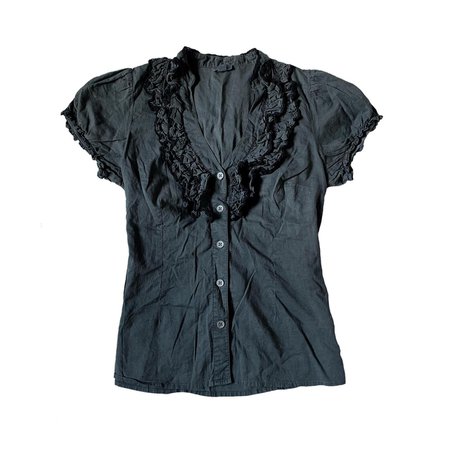 button up charcoal gray and black ruffle blouse top
