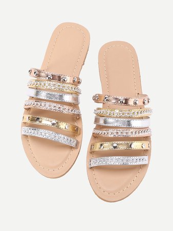 Metallic Strappy Sandals With Chain