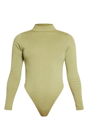 Olive Cotton High Neck Long Sleeve Bodysuit | PrettyLittleThing USA