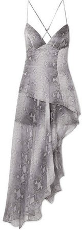 Asymmetric Layered Snake-print Silk-chiffon Maxi Dress - Gray