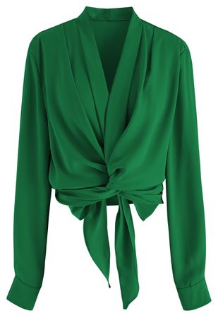 Crisscross Tie-Bow Satin Top in Emerald - Retro, Indie and Unique Fashion