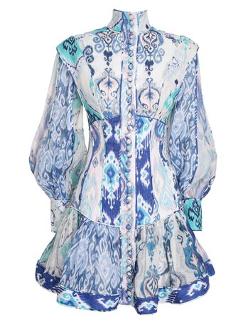 Glassy Long Sleeve Mini Dress Spliced Blue Ikat Online | Zimmermann