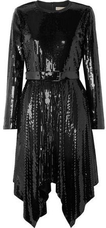 Asymmetric Belted Sequined Georgette Dress - Black