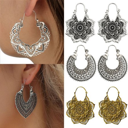 19 Styles Boho Hollow Out Antique Silver Tone Gypsy Tribal Ethnic Hoop Dangle Earrings for Women Mandala Flower Earrings Fashion Jewelry | Wish