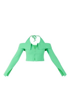 Bright Green Jumbo Rib Collar Zip Up Halter Crop Top | PrettyLittleThing USA