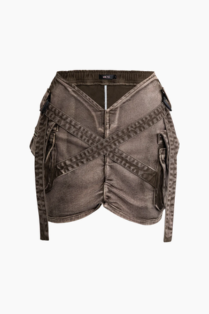 V-waist Buckle Flap Pocket Denim Cargo Skirt $48