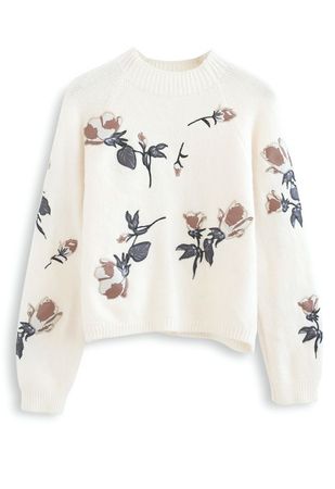 Digital Floral Print Embroidered Knit Sweater in Cream