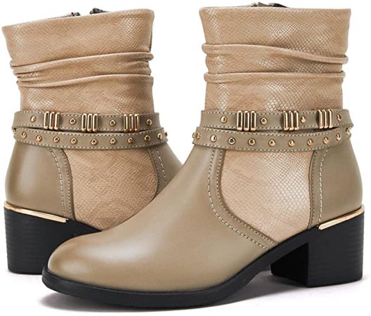Amazon.com | Women’s Round Toe Ankle Boots Chunky Stacked Heel Zipper Rivet Strappy Winter Booties for Women | Shoes