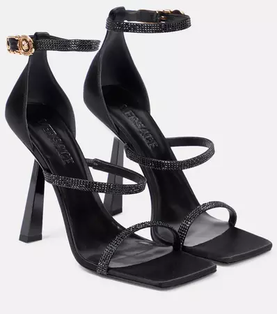 Fendace Embellished Satin Sandals in Black - Versace | Mytheresa
