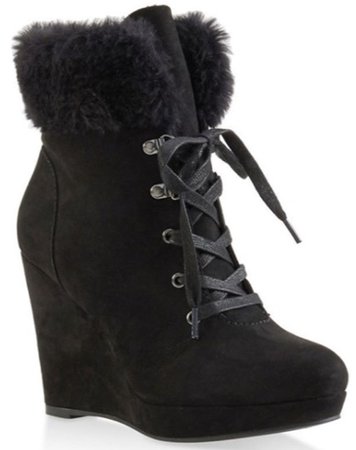 black fur ankle wedge boots