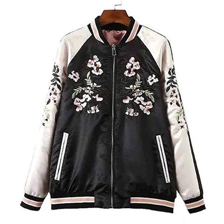 Amazon.com: Viport Women's Floral Phoenix Embroidered Reversible Bomber Jacket Black Red: Clothing