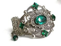 Silver Gothic Bracelet Emerald Swarovski Crystal Bracelet Bridal Bracelet Green Wedding Jewelry Victorian Gothic Jewelry Large Bracelet