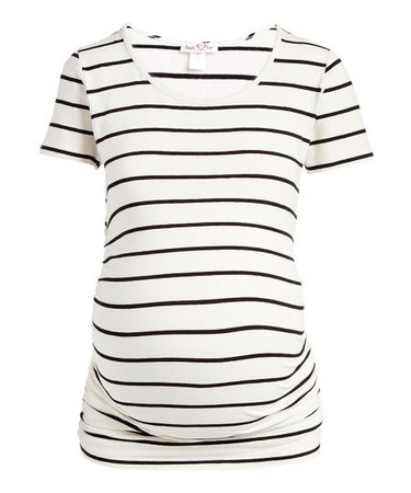 Times 2 Off-White & Black Stripe Scoop Neck Side-Ruched Tee | Zulily
