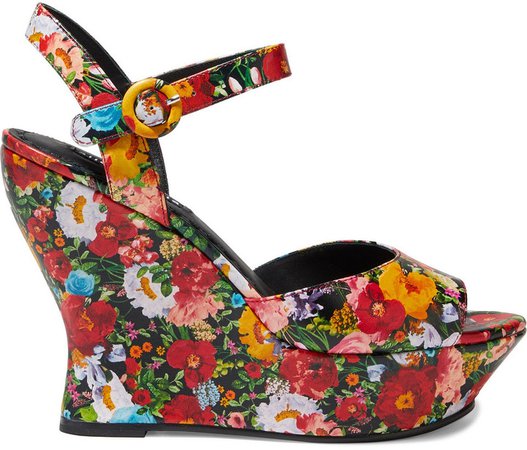 Jana Floral-print Leather Wedge Sandals