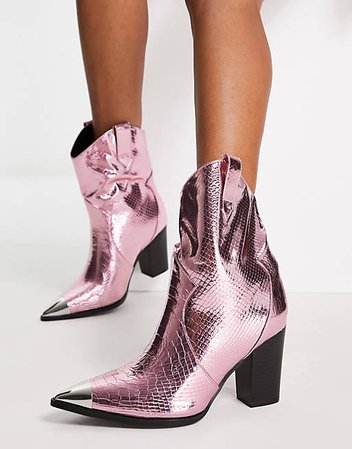 Public Desire West toe cap western ankle boots in metallic pink croc | ASOS