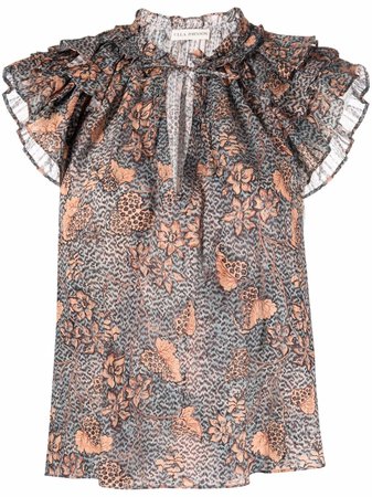 Ulla Johnson abstract-print ruffle-sleeves blouse - FARFETCH