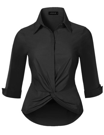 LE3NO Womens Ultra Stretchy Twist Front 3/4 Sleeve Collared Button Down Shirt Top | LE3NO black