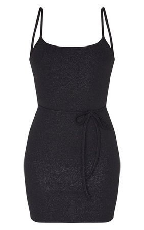 Black Strappy Glitter Crepe Tie Waist Bodycon Mini Dress | PrettyLittleThing USA