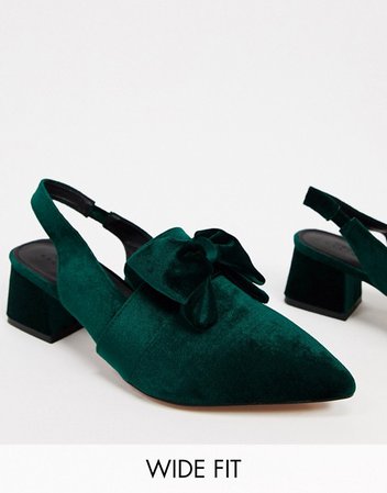 ASOS DESIGN Wide Fit Salsa slingback mid-heels with bow in forest green velvet | ASOS