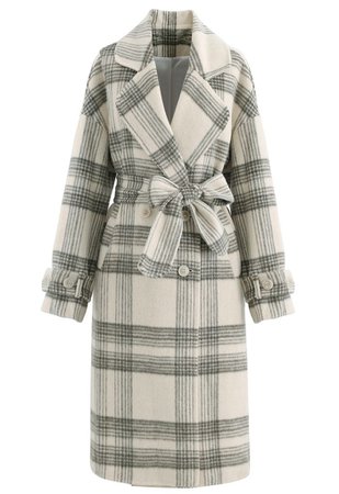 Olive Plaid Double-Breasted Wool-Blend Longline Coat - Retro, Indie and Unique Fashion