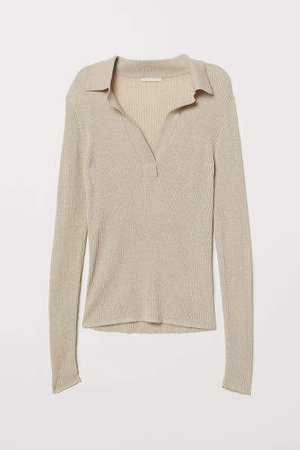 V-neck Top with Collar - Beige