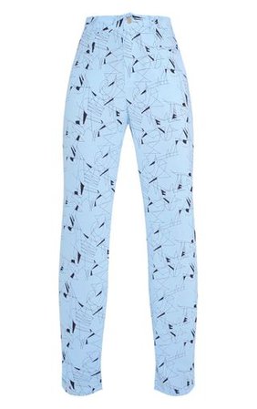 Blue Printed Straight Leg Trouser | Trousers | PrettyLittleThing